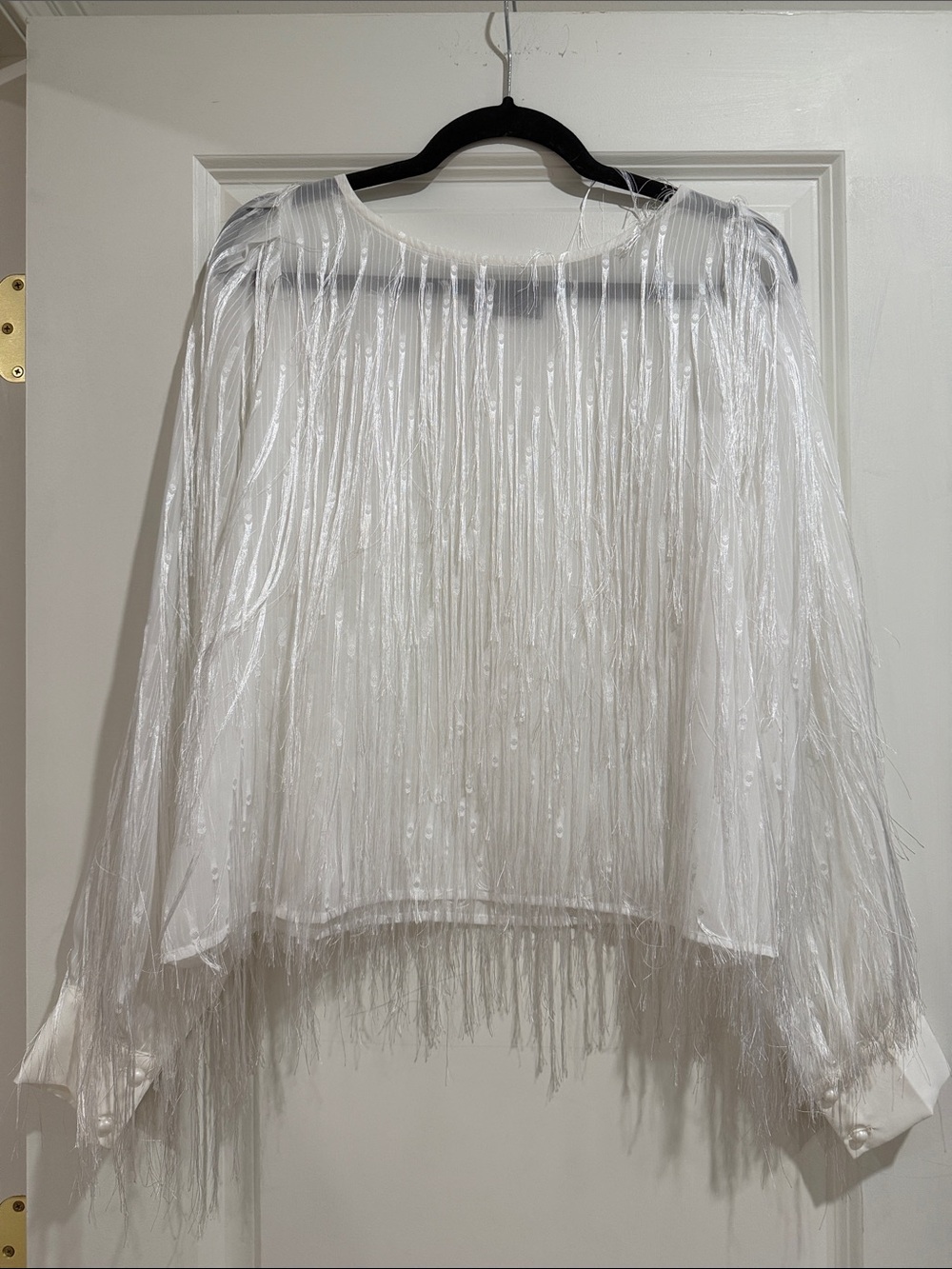 Women's White Fringe Long-Sleeve Blouse — Designer-Inspired